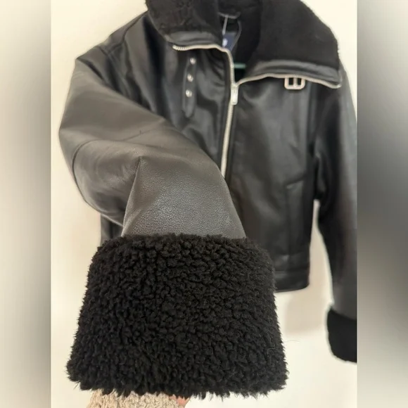 GAP Sherpa Lined Moto Jacket Black - Picture 2 of 7